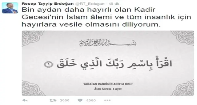 Erdoğan Kadir Gecesi Mesajı Yayınladı, Alak Suresi'nin 1. Ayetini Paylaştı