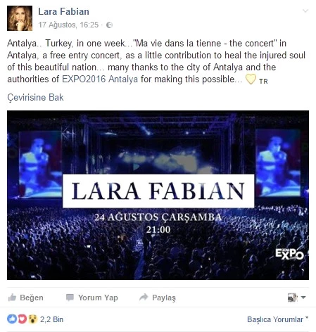 Türkiye'nin <a class='keyword-sd' href='/demokrasi/' title='Demokrasi'>Demokrasi</a> Mücadelesine Bir Destek de Lara Fabian'dan