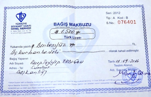 Cumhurbaşkanı Erdoğan'dan Bin 500 TL'lik Kurban Bağışı