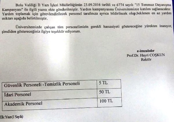 Rektörden Üniversite Personeline 15 Temmuz Bağış Tarifesi