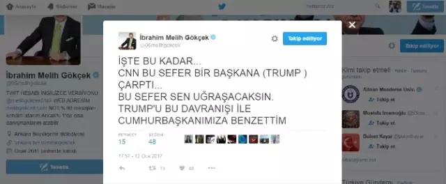 Gökçek: Trump'u Cumhurbaşkanımıza Benzettim