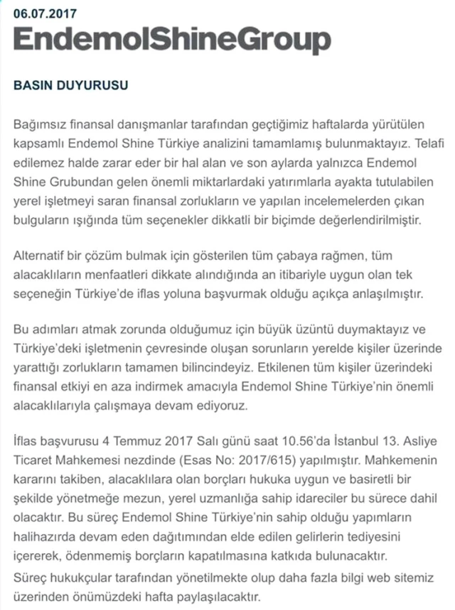 Prodüksiyon Şirketi Endemol Shine Türkiye, İflas Etti