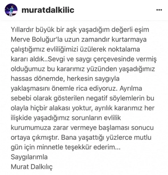 Sonunda Açıkladılar! Merve Boluğur ile Murat Dalkılıç Boşanıyor