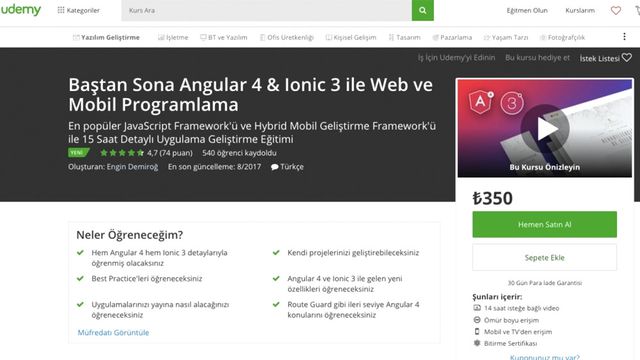 Angular 4 ve Ionic 3 Kursu Bir Arada 35 Tl
