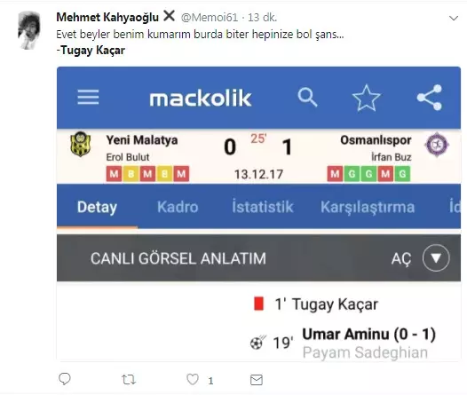 Osmanlısporlu Tugay Kaçar, 25. Saniyede Kırmızı Kart Gördü