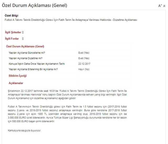 Galatasaray'dan Fatih Terim'in Alacağı Ücret İçin Düzeltme
