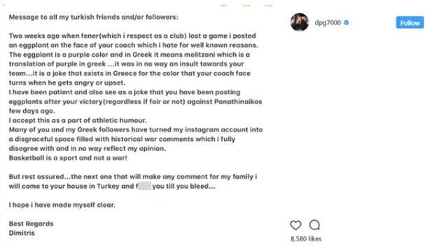 Panathinaikos Başkanı Giannakopoulos, Instagram'da Türk Taraftara Küfür Etti