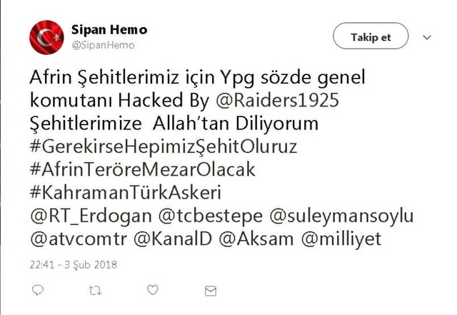 Türk Hacker'lar YPG'nin Sözde Komutanının Hesabını Hack'ledi