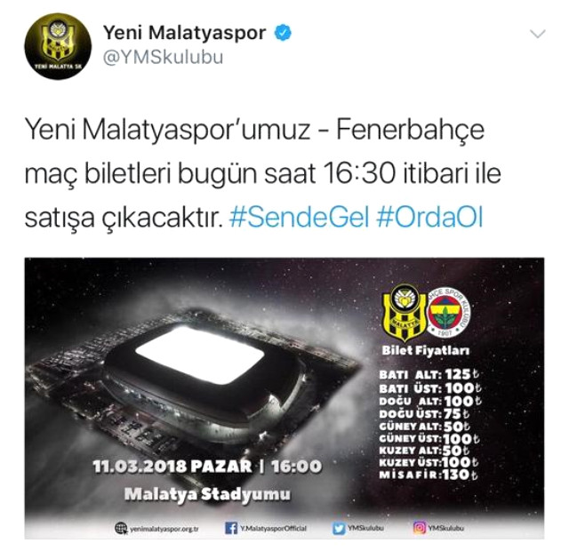 Yeni Malatyaspor'un Fenerbahçe Maçı Bilet Fiyatları Tepki Çekti