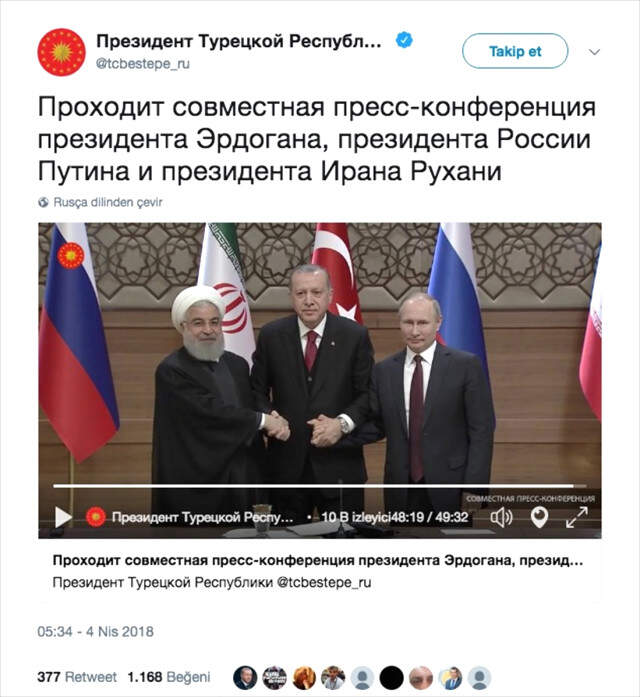 Cumhurbaşkanlığı Rusca Twitter Yayınına Başladı, İlk Gün 70 Bin Kişi Takip Etti Cumhurbaşkanlığı Rusca Twitter Yayınına Başladı, İlk Gün 70 Bin Kişi Takip Etti