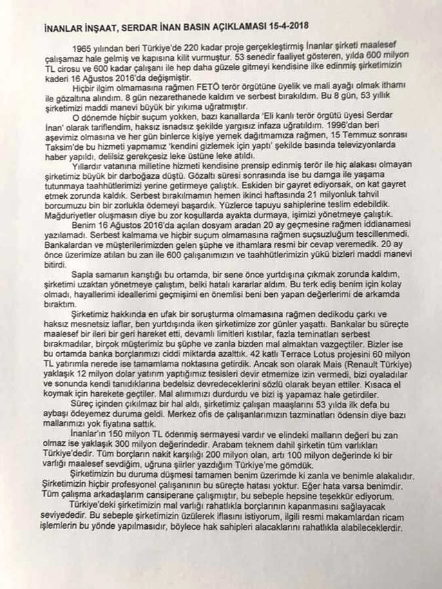 Yurtdışına Kaçan İnanlar İnşaat'ın Sahibi, İflasını İstedi