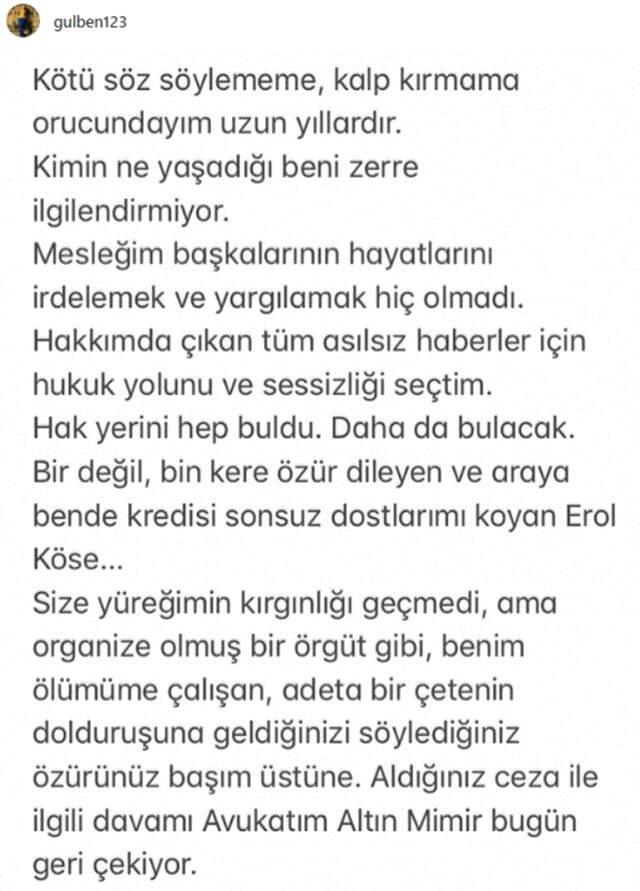 Erol Köse'nin Özrünü Kabul Eden Gülben, Davayı Geri Çekti