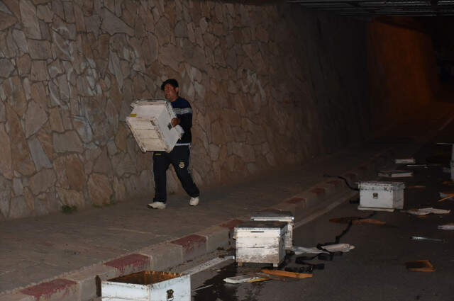 Kamyon Kaza Yapınca Kasadaki Arı Kovanları Yola Saçıldı Kamyon Kaza Yapınca Kasadaki Arı Kovanları Yola Saçıldı