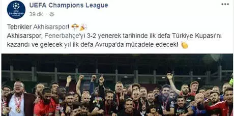 UEFA, Ziraat Türkiye Kupası Şampiyonu Akhisarspor'u Tebrik Etti