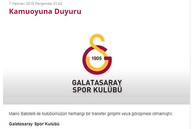Galatasaray, Balotelli'yle İlgili Girişiminin Olmadığını Duyurdu Galatasaray, Balotelli'yle İlgili Girişiminin Olmadığını Duyurdu