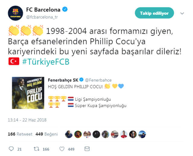 Barcelona ve Şampiyonlar Ligi'nden Fenerbahçe'yle Anlaşan Cocu'ya Tebrik