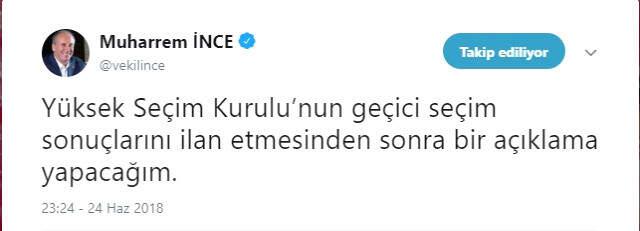 Muharrem İnce, YSK'nın Sonuçları İlan Etmesinin Ardından Konuşacağını Duyurdu