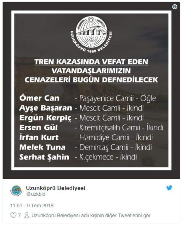 Tekirdağ'daki Tren Kazasında Hayatını Kaybeden 24 Kişinin İsimleri Belli Oldu