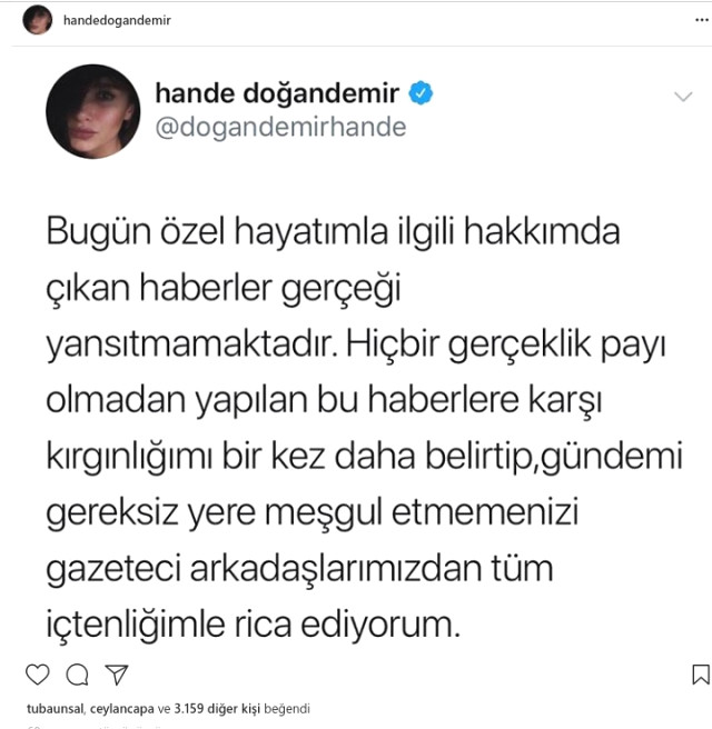 Ünlü Oyuncu Hande Doğandemir, Hakkında Çıkan Aşk Haberlerine İsyan Etti