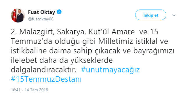 Cumhurbaşkanı Yardımcısı Oktay'dan 15 Temmuz Mesajı Cumhurbaşkanı Yardımcısı Oktay'dan 15 Temmuz Mesajı: Milletimiz Bayrağına Sahip Çıkacaktır