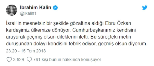 Kalın'dan, Ebru Özkan Açıklaması: Başkan Erdoğan, Arayarak Geçmiş Olsun Dileklerini İletti
