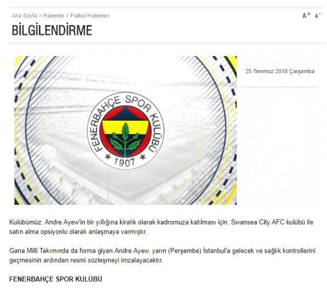 Fenerbahçe, Swensea'den Andre Ayew'i Kiraladığını Açıkladı