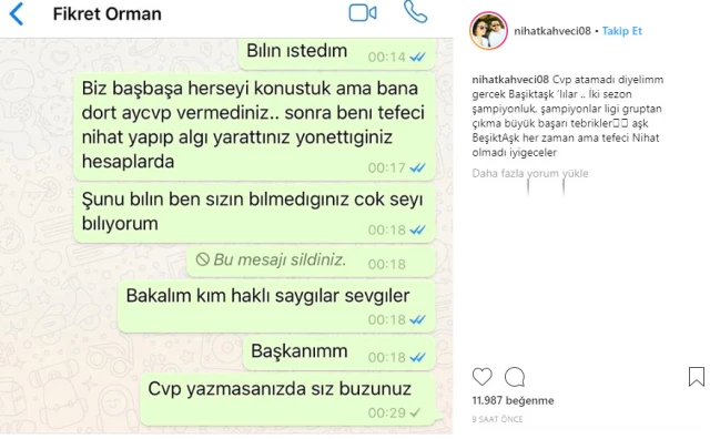 Nihat Kahveci, Fikret Orman'a Attığı WhatsApp Mesajlarını Yayınladı