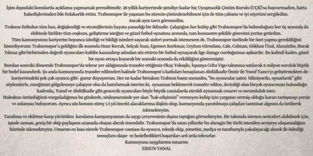Ersun Yanal, Trabzonspor'un Kendisi Hakkındaki Açıklamalarına Yanıt Verdi