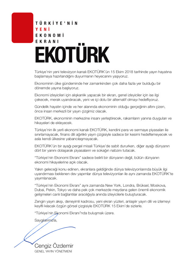 Yeni TV Kanalı EKOTÜRK, 15 Ekim'de Yayın Hayatına Başlıyor