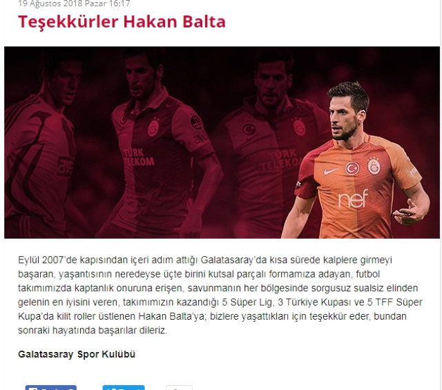 Galatasaray'dan Hakan Balta'ya Teşekkür