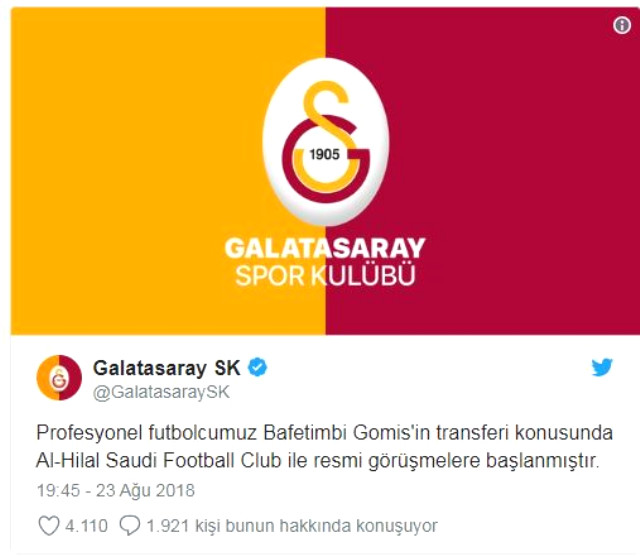 Galatasaray, Gomis Transferini KAP'a Bildirdi