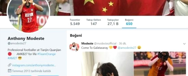 Modeste, Twitter'da Galatasaray Paylaşımını Beğendi