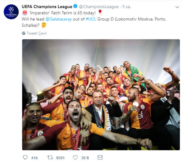UEFA, Fatih Terim'in Doğum Gününü Kutladı