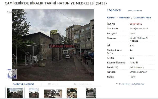 Kayseri'de, 586 Yıllık Hatuniye Medresesi, Kiraya Çıkarıldı Kayseri'de, 586 Yıllık Hatuniye Medresesi, 150 Bin Lira Bedelle Kiraya Çıkarıldı
