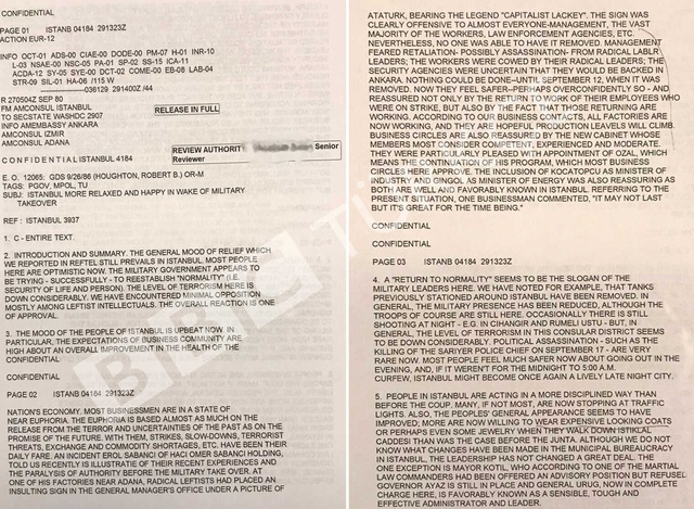 ABD Gizli Diplomatik Belgelerinde <a class='keyword-sd' href='/12-eylul-darbesi/' title='12 Eylül Darbesi'>12 Eylül Darbesi</a>: