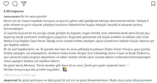 Habertürk'ün Başarılı Sunucusu Cansu Canan, Ekranlara Veda Ettiğini Sosyal Medya Hesabından Duyurdu Habertürk'ün Başarılı Sunucusu Cansu Canan, Ayrılık Haberini Sosyal Medya Hesabından Duyurdu