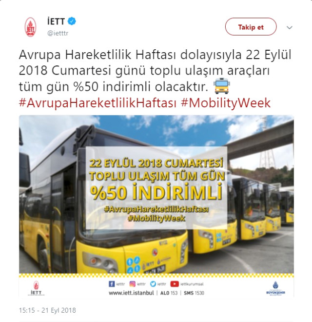 İETT, İstanbul'da Ulaşımın Bugün Yüzde 50 İndirimli Olacağını Duyurdu