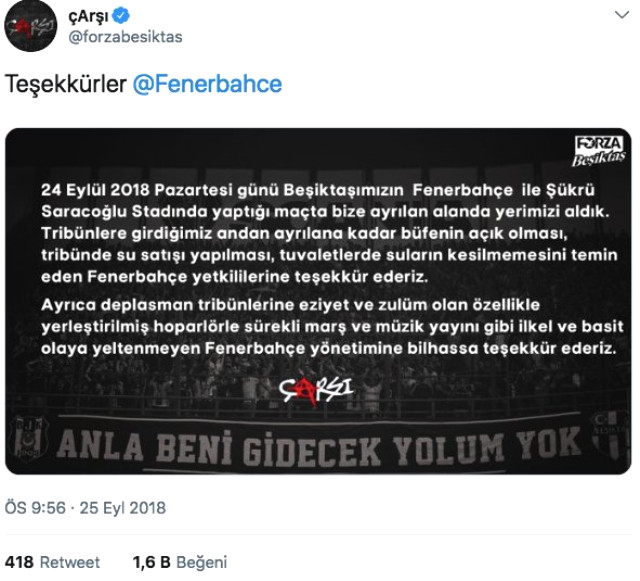 Beşiktaş'ın Taraftar Grubu Çarşı, Sosyal Medyadan Fenerbahçe'ye Teşekkür Etti!