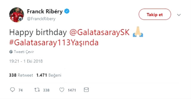 Bayern Münih Forması Giyen <a class='keyword-sd' href='/franck-ribery/' title='Franck Ribery'>Franck Ribery</a>, Galatasaray'ın 113. Yaşını Kutladı