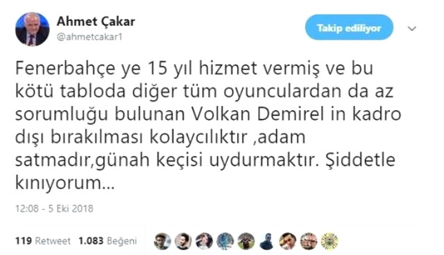 Yorumcu Ahmet Çakar, Fenerbahçe'de Volkan Demirel'in Kadro Dışı Bırakılmasını Eleştirdi!