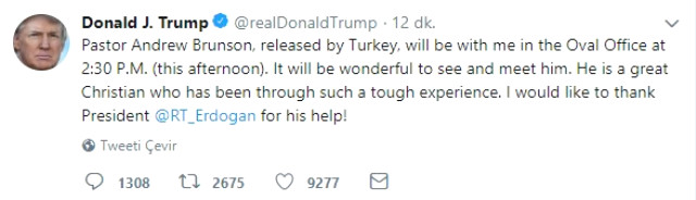 Trump'tan Rahip Brunson İçin Yeni Açıklama: Erdoğan'a Teşekkür Ediyorum
