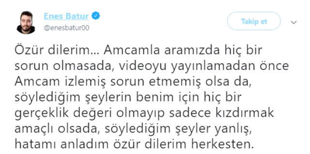 Amcasına Hakaret Eden Enes Batur, Özür Diledi