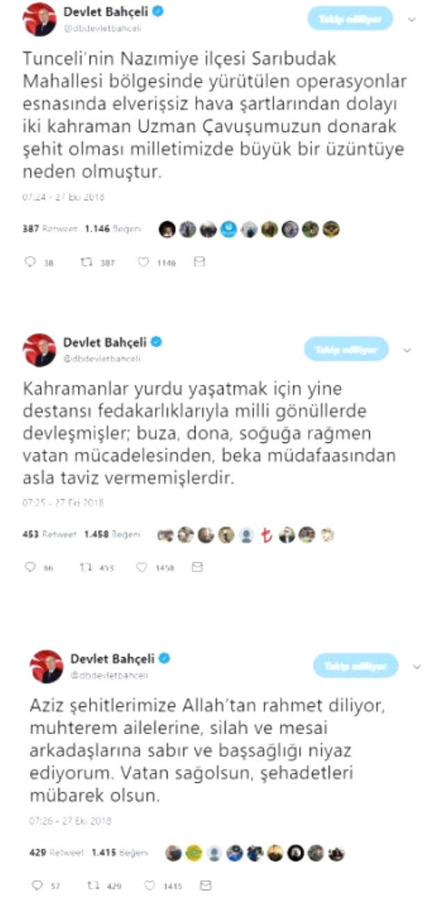 Bahçeli'den Tunceli Şehitlerine İlişkin Paylaşım: Milli Gönüllerde Devleştiler Bahçeli'den Tunceli Şehitlerine İlişkin Paylaşım: Milli Gönüllerde Devleştiler
