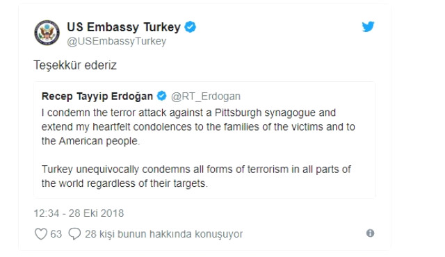 Erdoğan'ın Sinagog Saldırısı Mesajına ABD Büyükelçiliği'nden Türkçe Cevap