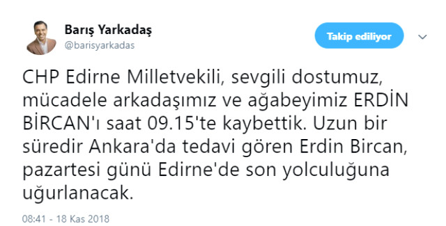 CHP Edirne Milletvekili Erdin Bircan, Hayatını Kaybetti