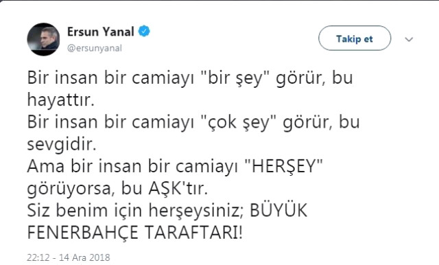 Ersun Yanal'dan Fenerbahçe Taraftarına Mesaj: Siz Benim İçin Her Şeysiniz