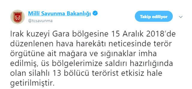 Milli Savunma Bakanlığı, 13 Teröristin Etkisiz Hale Getirildiğini Açıkladı