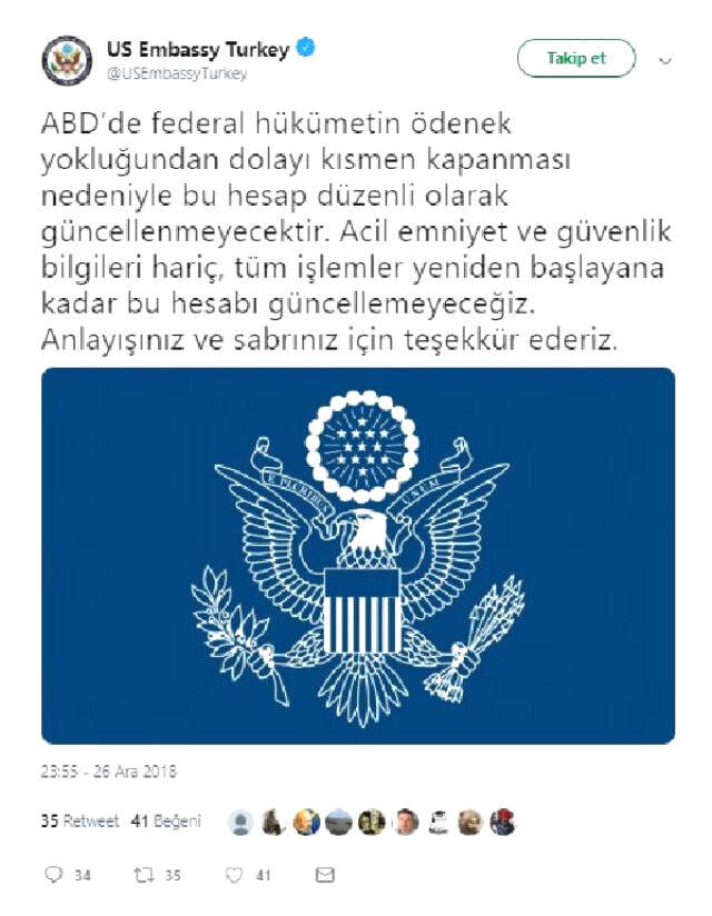 ABD'de Hükümetin Kapanması, Büyükelçiliğin Twitter Hesabını Etkiledi ABD'nin Ankara Büyükelçiliği, Ödenek Yokluğundan Dolayı Twitter Hesabını Güncellemeyecek
