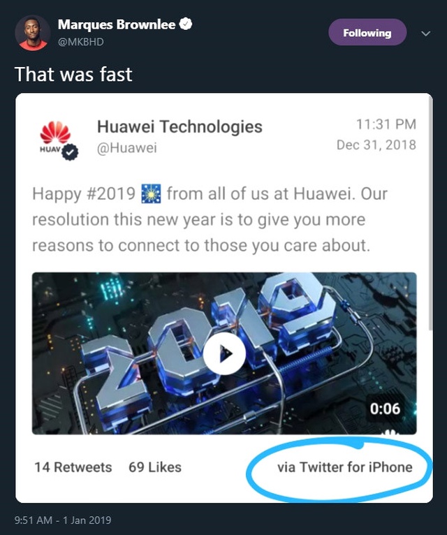 Huawei, Yeni Yılı İphone Üzerinden Attığı Tweet ile Kutladı
