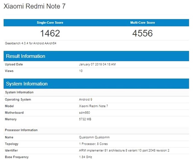 Snapdragon 660'lı Xiaomi Redmi Note 7, Geekbench'te Görüntülendi